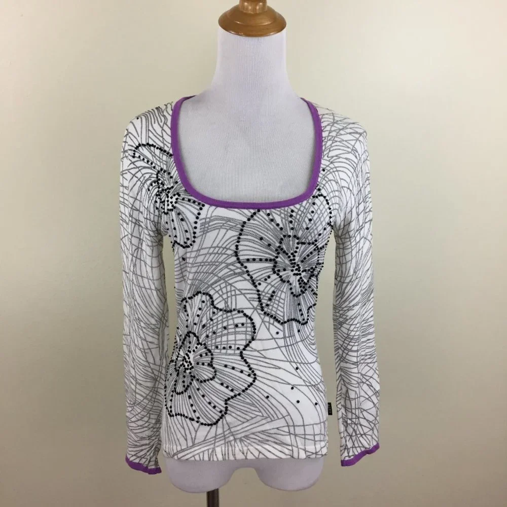 BCBGMAXAZRIA White Black Beads Floral Print Purple Trim Silk Blend Sweater - Picture 6 of 15